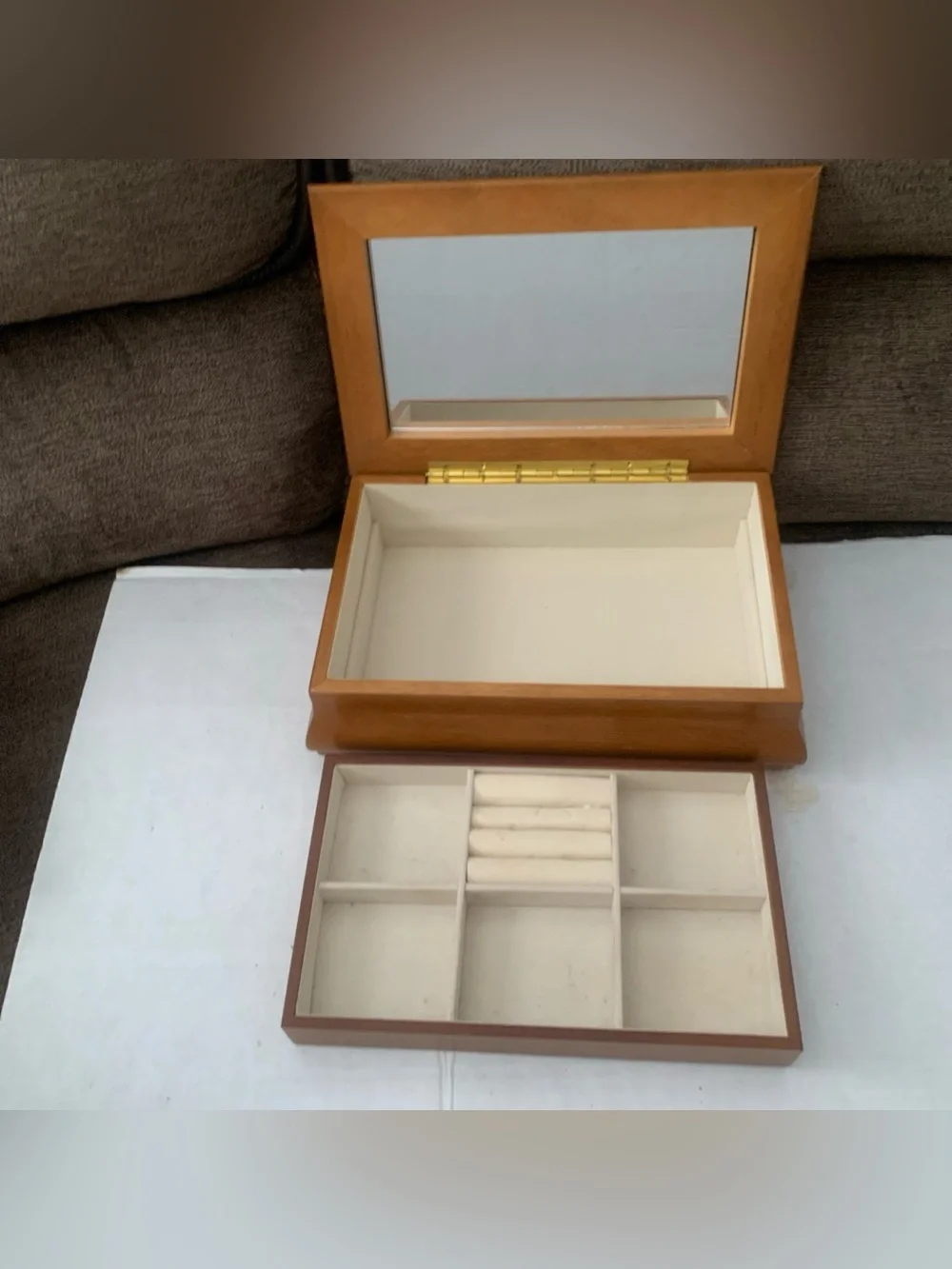 Vintage Maple Jewelry Box Organizer Mirror Burled Top Cream Velvet Dividers EUC